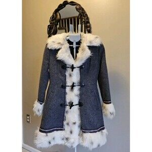 True Vintage 70s Gray Nordic Faux Fur Penny Lane Toggle Wool Coat Womens S Boho